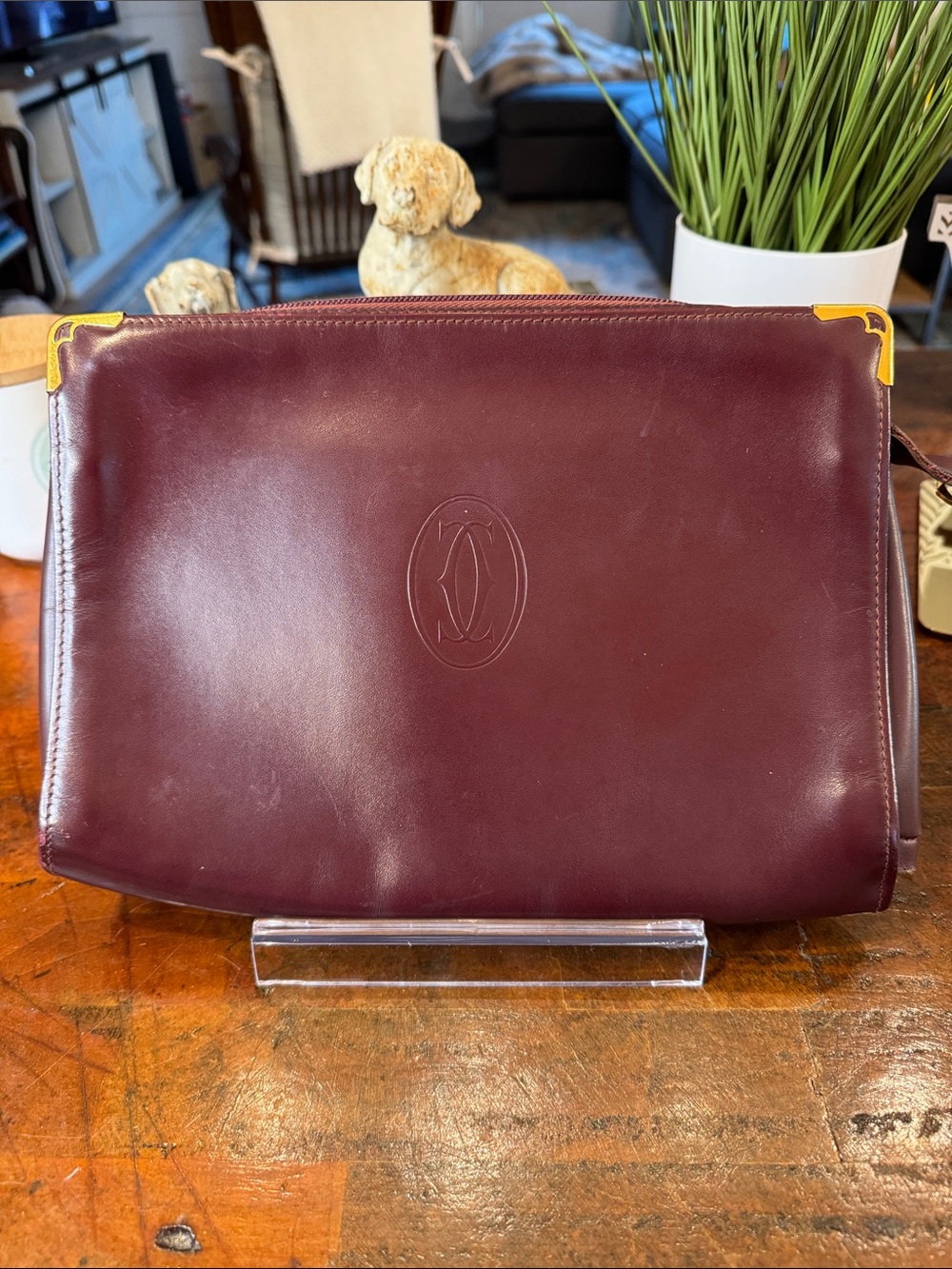 Cartier Vintage Burgundy Leather Folio with Gold Corner Trim